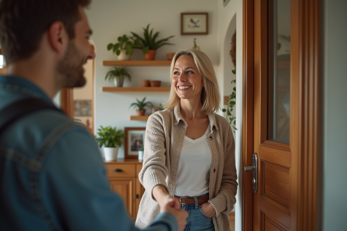 Femme accueillante saluant un voyageur à la porte