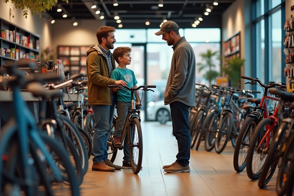 Père et fils discutent avec un vendeur dans un magasin de vélos