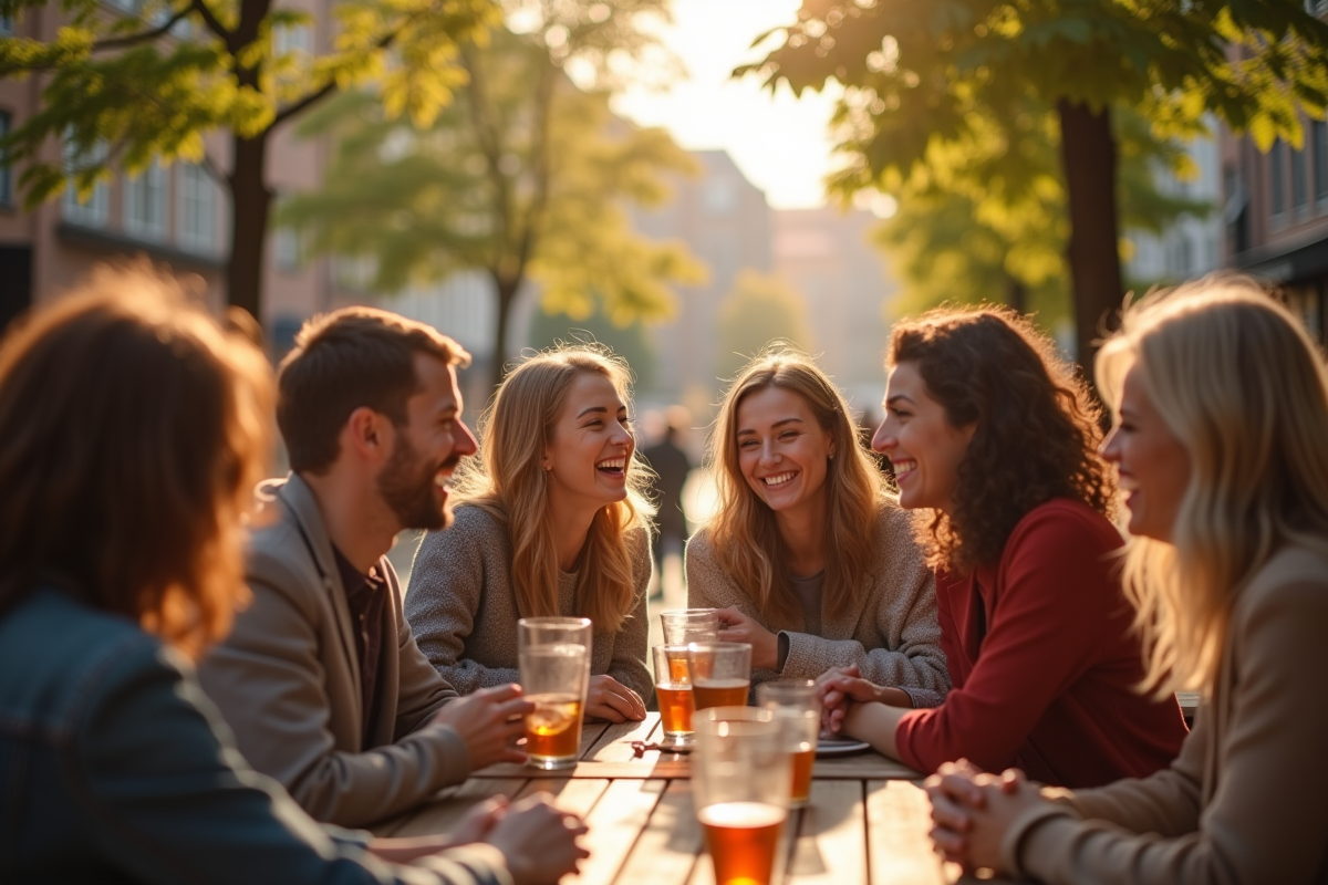 Groupe d'amis riant à Helsinki lors d'un café en plein air