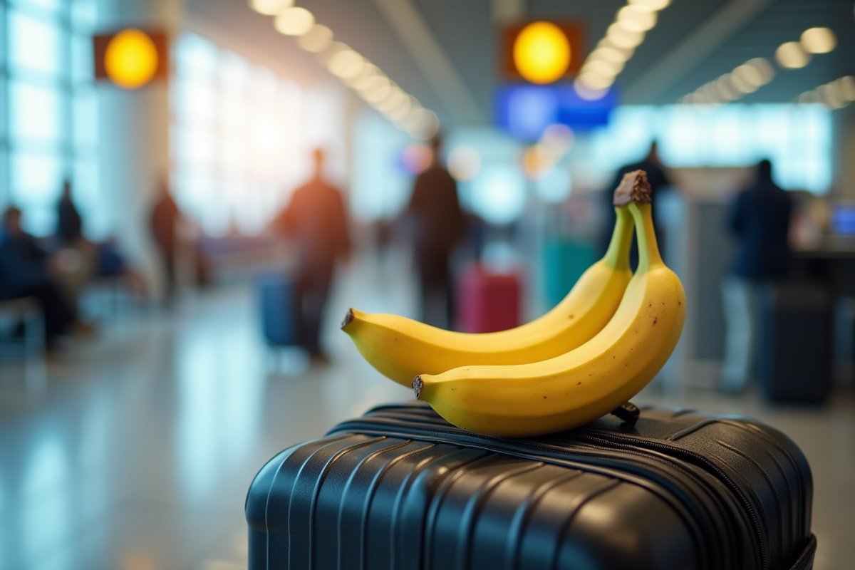 Banane sur une valise ouverte à l'aéroport avec papiers de voyage