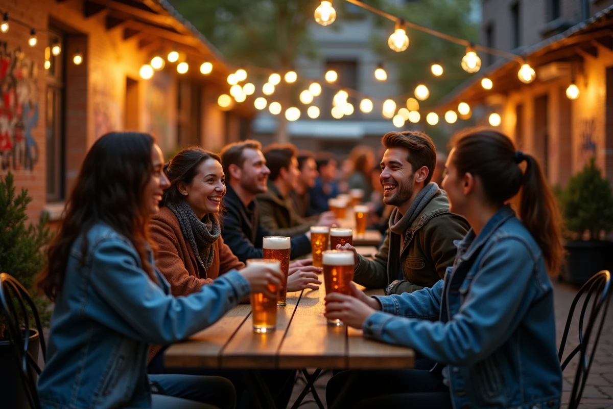 Terrasse animée d'un bar de quartier berlinois la nuit, avec des locaux attablés autour de bières sous des guirlandes lumineuses