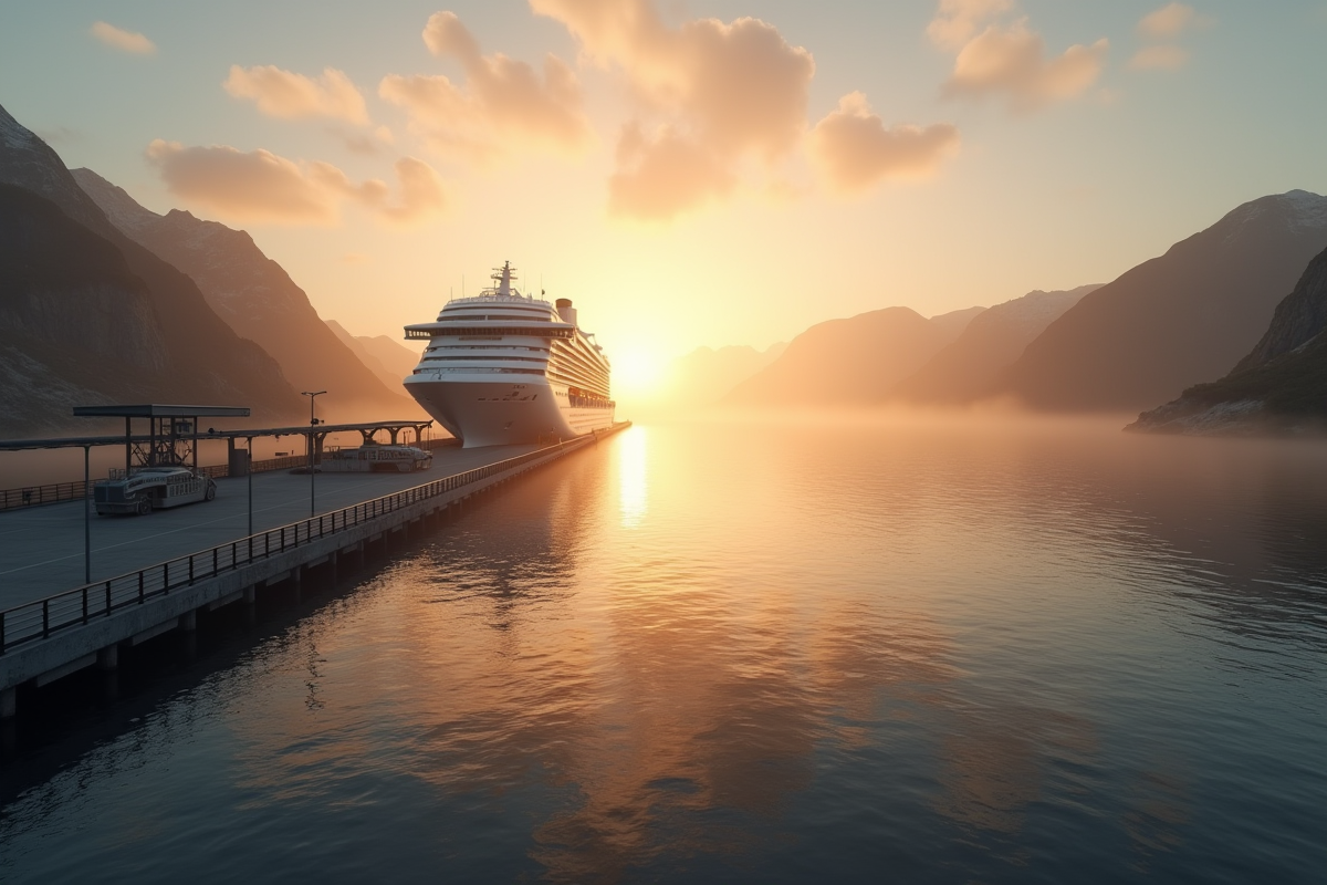 Bateau de croisiere au port au lever du soleil avec brume