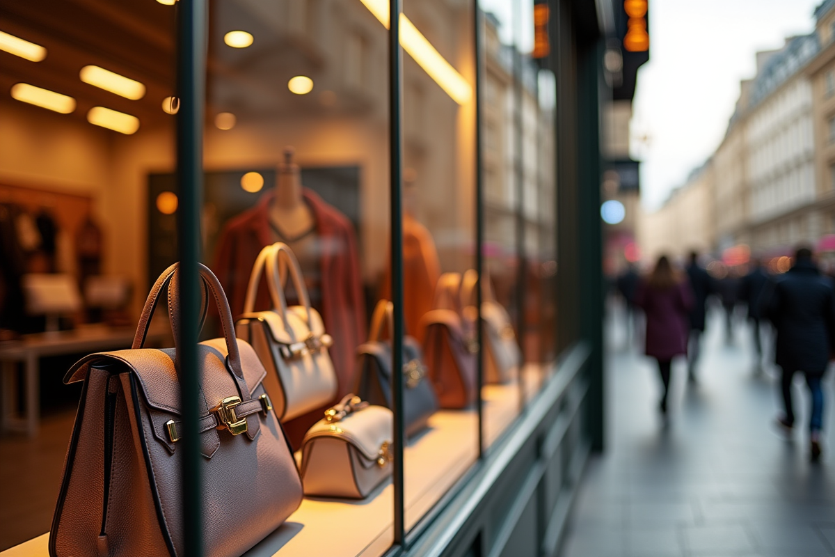 Vitrine de boutique avec sacs à main de luxe sur les Champs Élysées