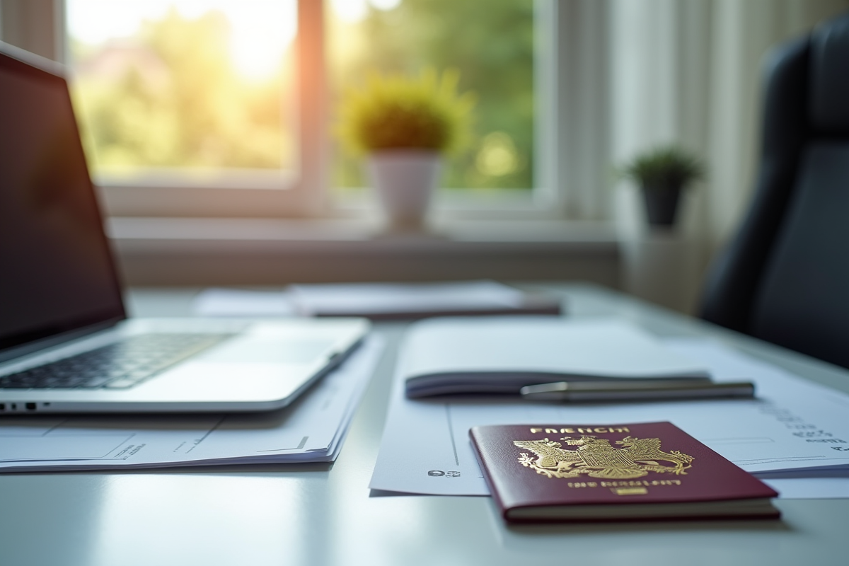 Bureau moderne avec passeport français ordinateur et documents