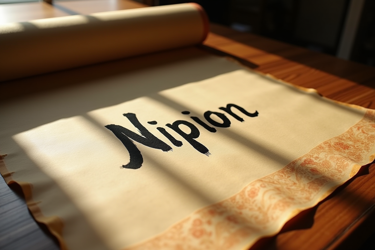 Parchemin de calligraphie japonaise ancienne avec le mot Nippon