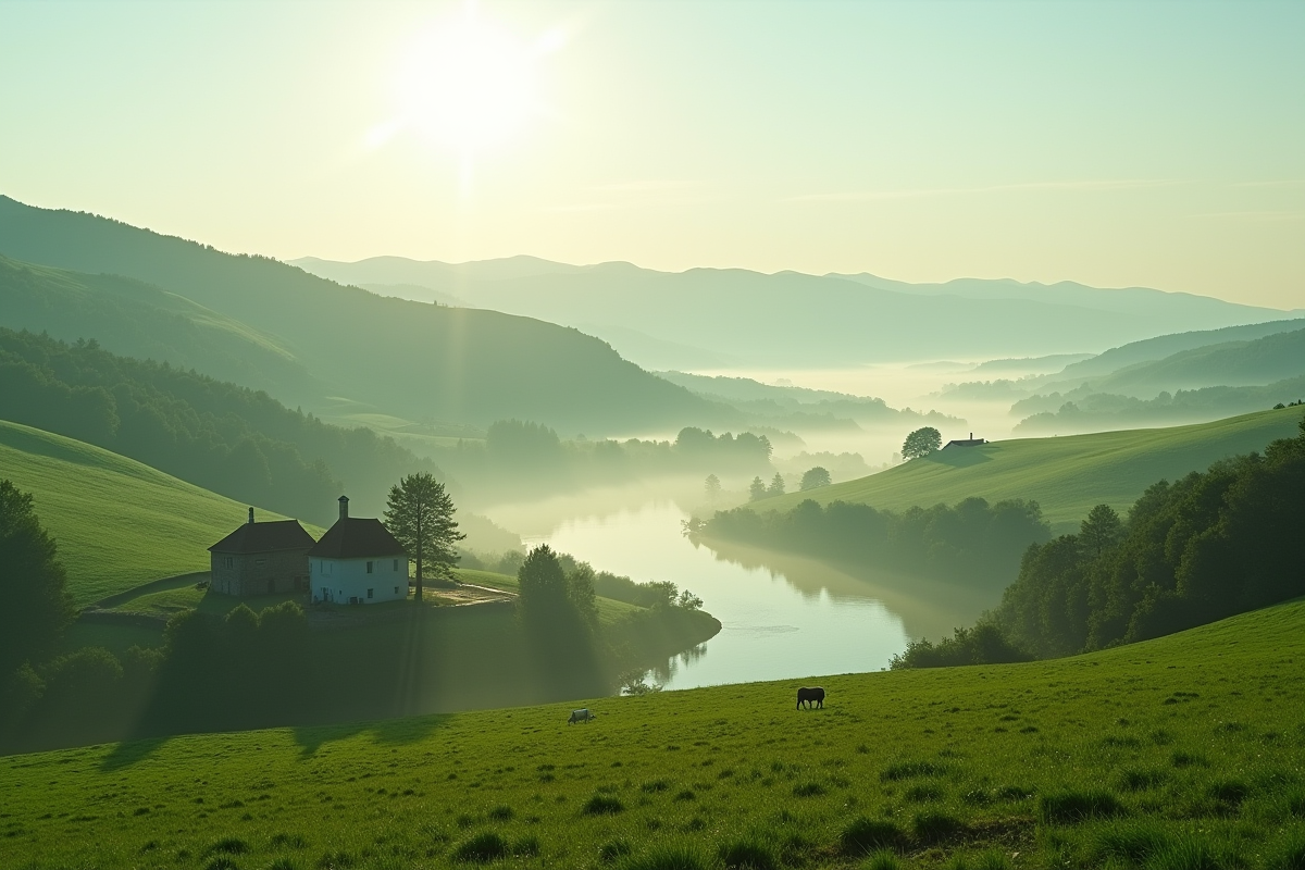 Campagne belge tranquille avec ferme et vaches au matin