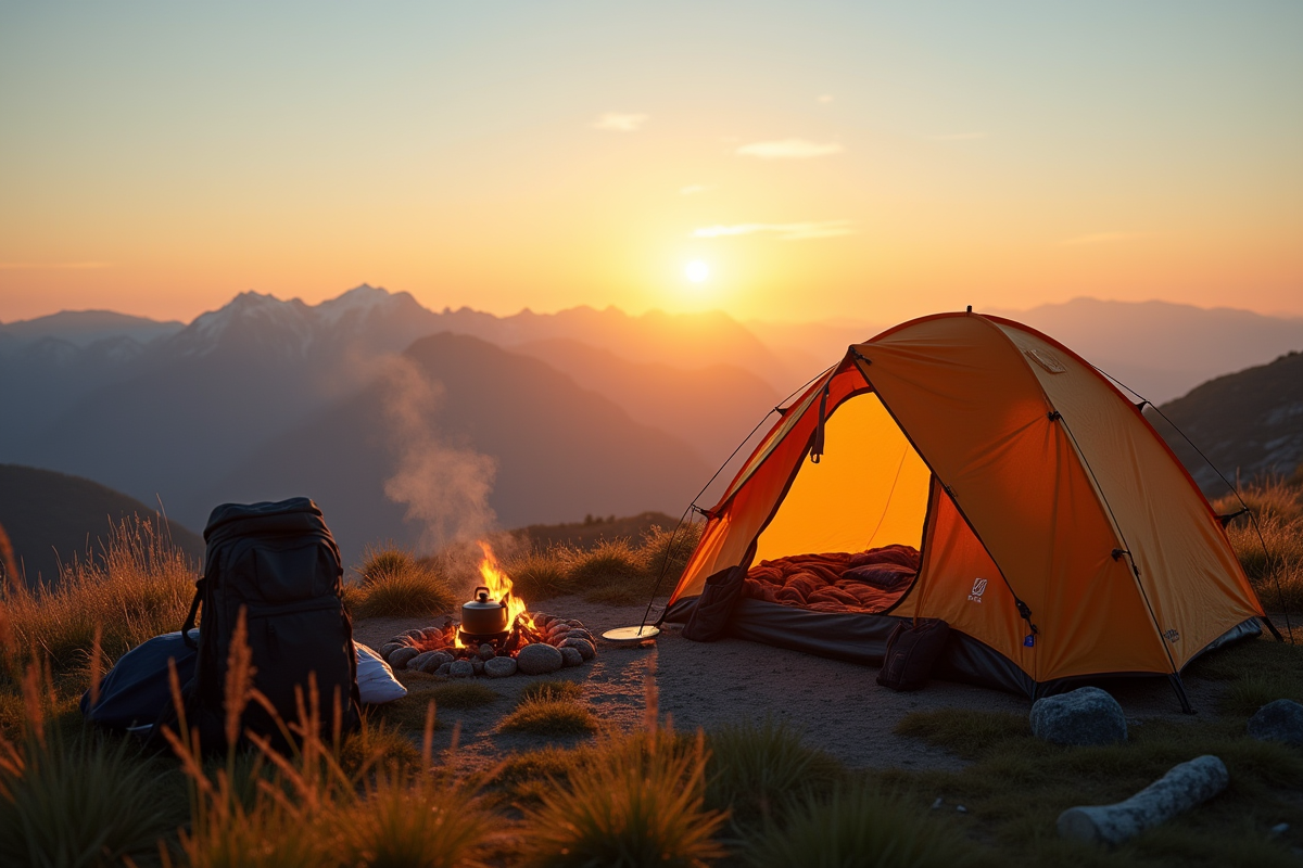 Tente sur une colline au lever du soleil avec vue sur les montagnes