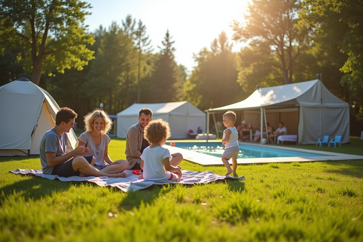 Famille profitant d un camping 4 étoiles ensoleille avec piscine