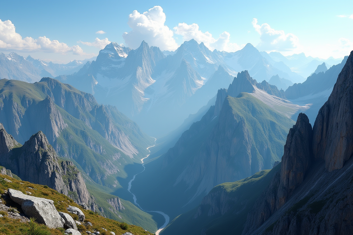 Vue d'une chaîne de montagnes avec sommets et vallée ensoleillée