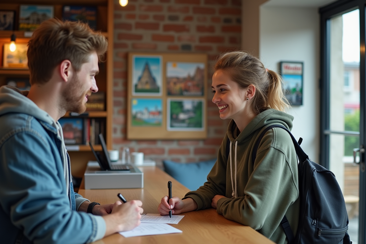 Jeunes adultes s'enregistrant à la réception d'auberge