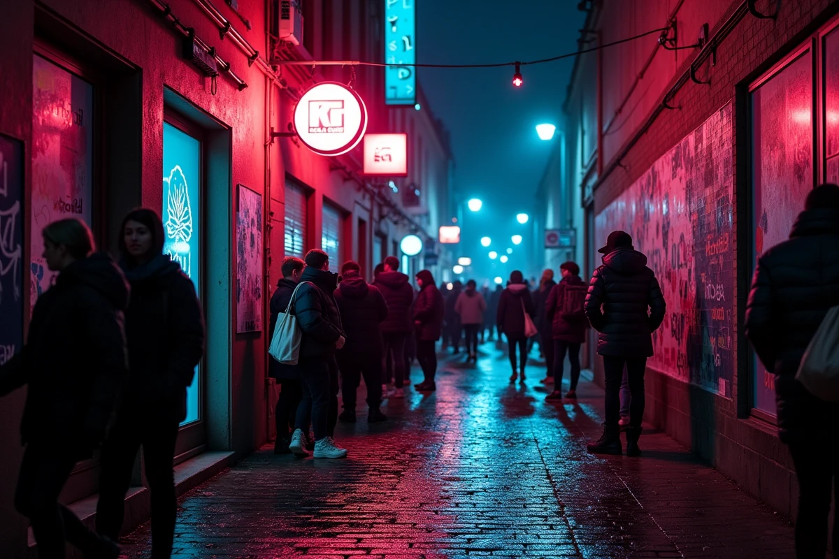 File d'attente devant un club berlinois la nuit dans une ruelle pavée mouillée de Friedrichshain
