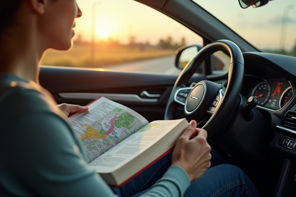 Conducteur dans une voiture moderne lisant un road book au matin