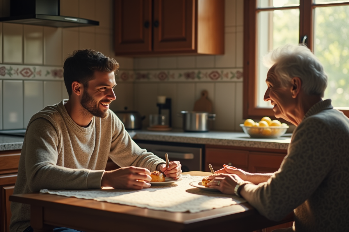 Jeune homme discutant avec un hôte âgé à la table