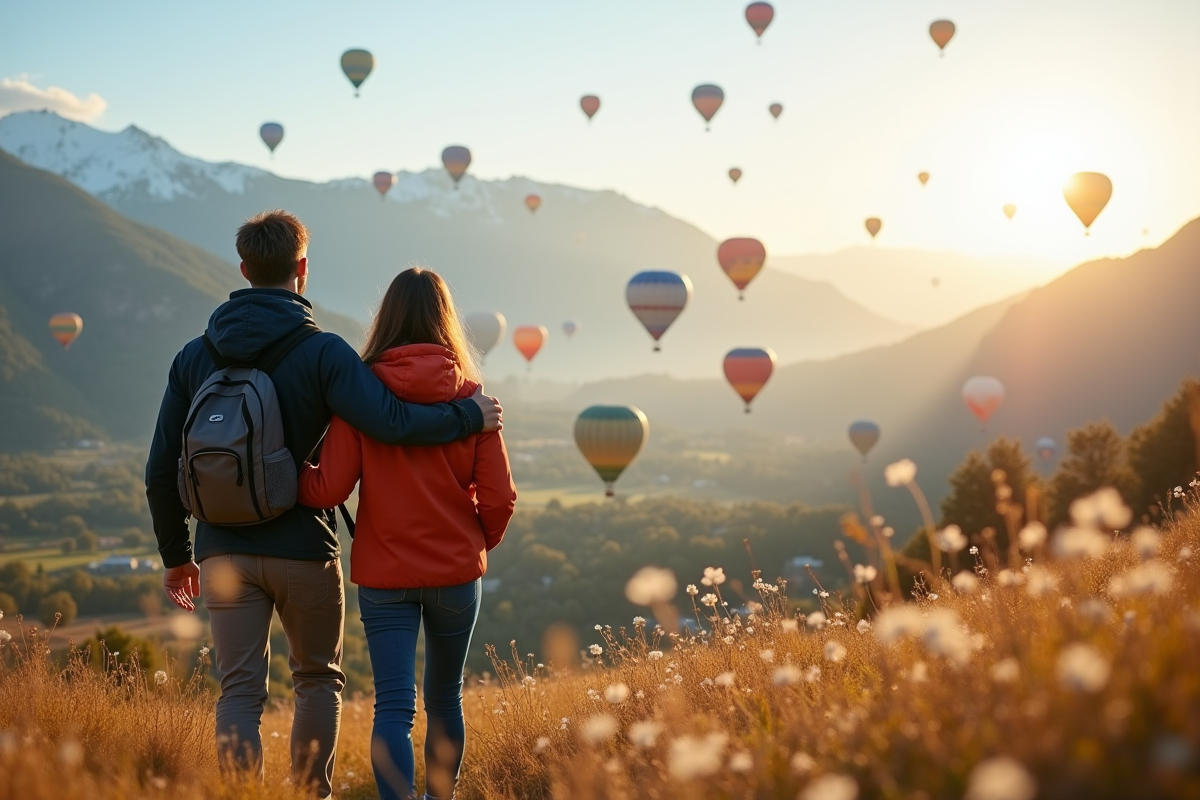 Jeune couple regardant des ballons colorés dans la vallée