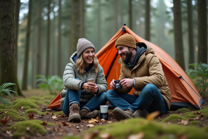 Jeune couple en camping dans la for&ecirc;t belge en pleine nature