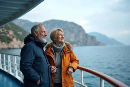 Couple voyageant en ferry regardant la côte corse