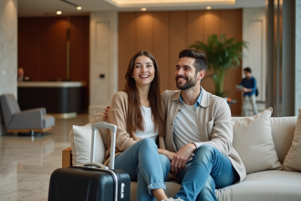Jeune couple souriant dans un lobby d'hôtel élégant