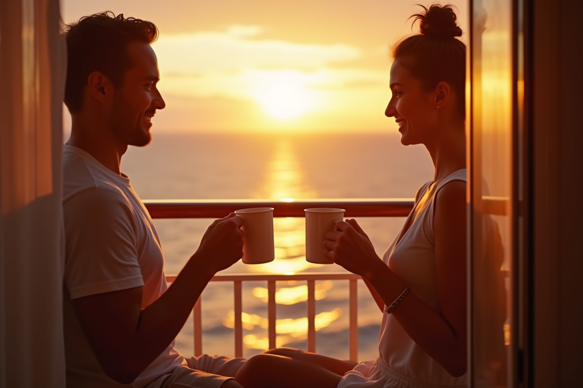 Couple profitant du lever de soleil dans leur cabine de croisiere