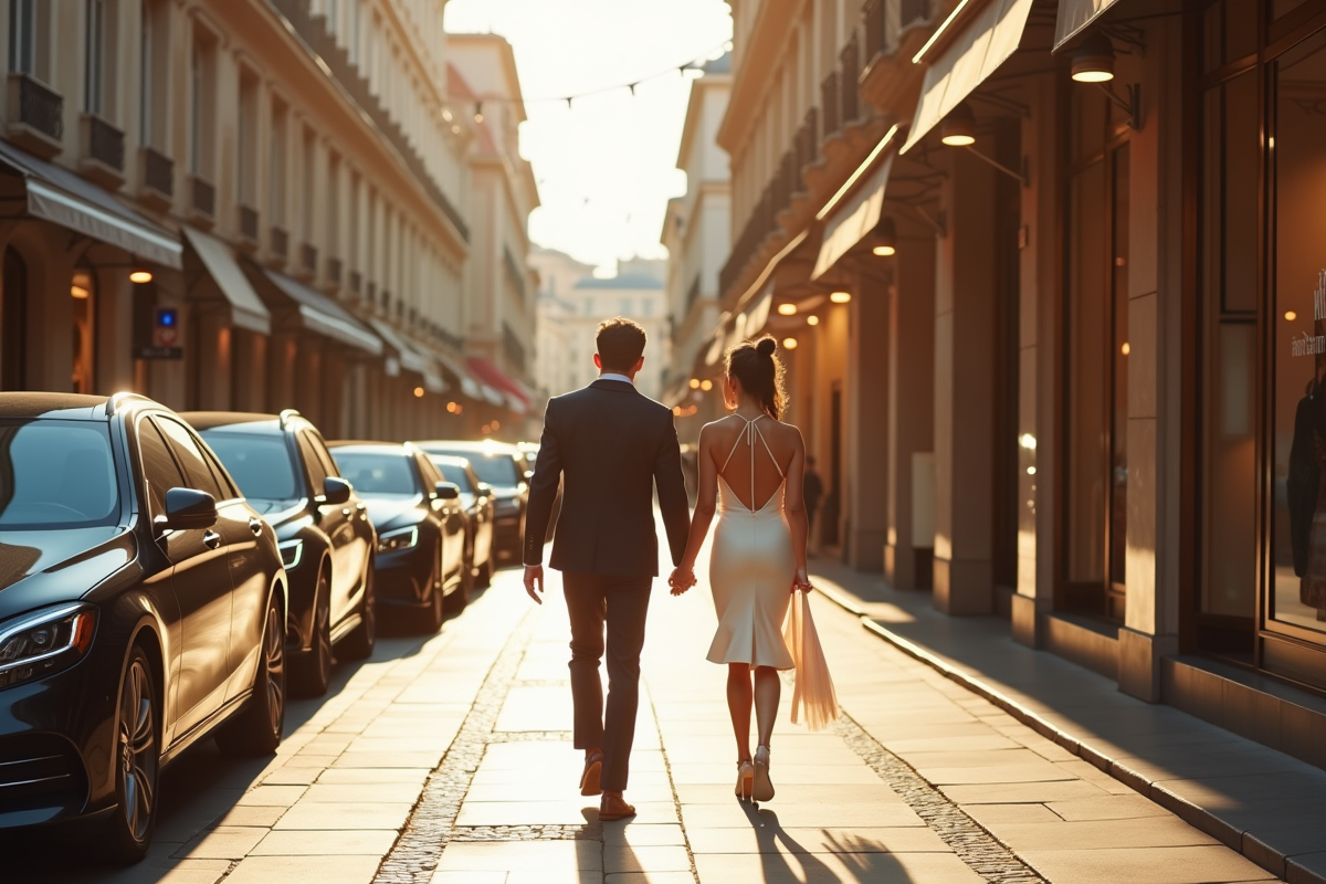 Couple élégant marchant dans une avenue de luxe en ville