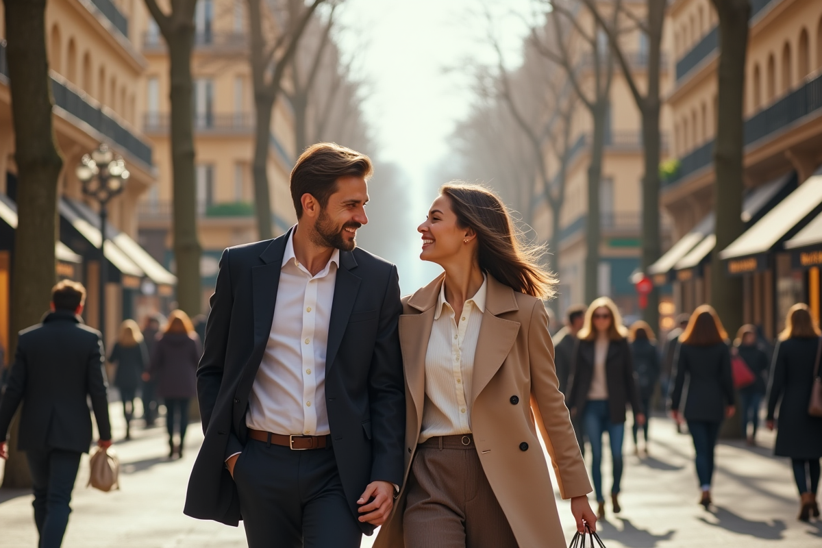 Couple élégant marchant sur les Champs Élysées à Paris