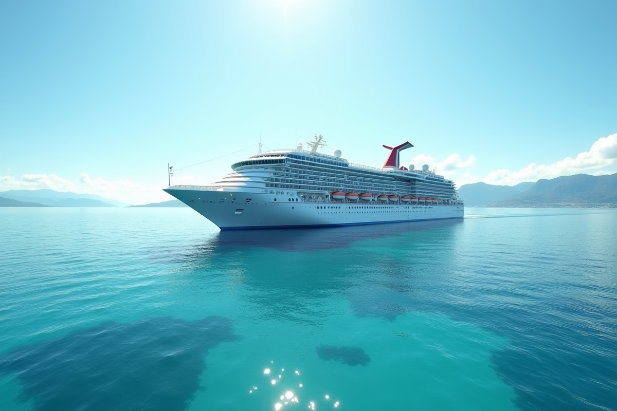 Grand navire de croisiere sur mer turquoise avec familles
