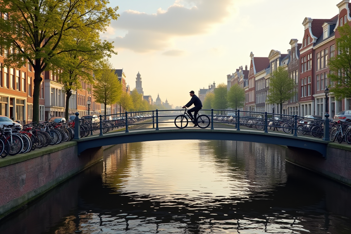 Cycliste traversant un pont moderne dans une ville néerlandaise