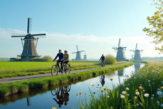 Groupe de cyclistes sur un canal hollandais au printemps