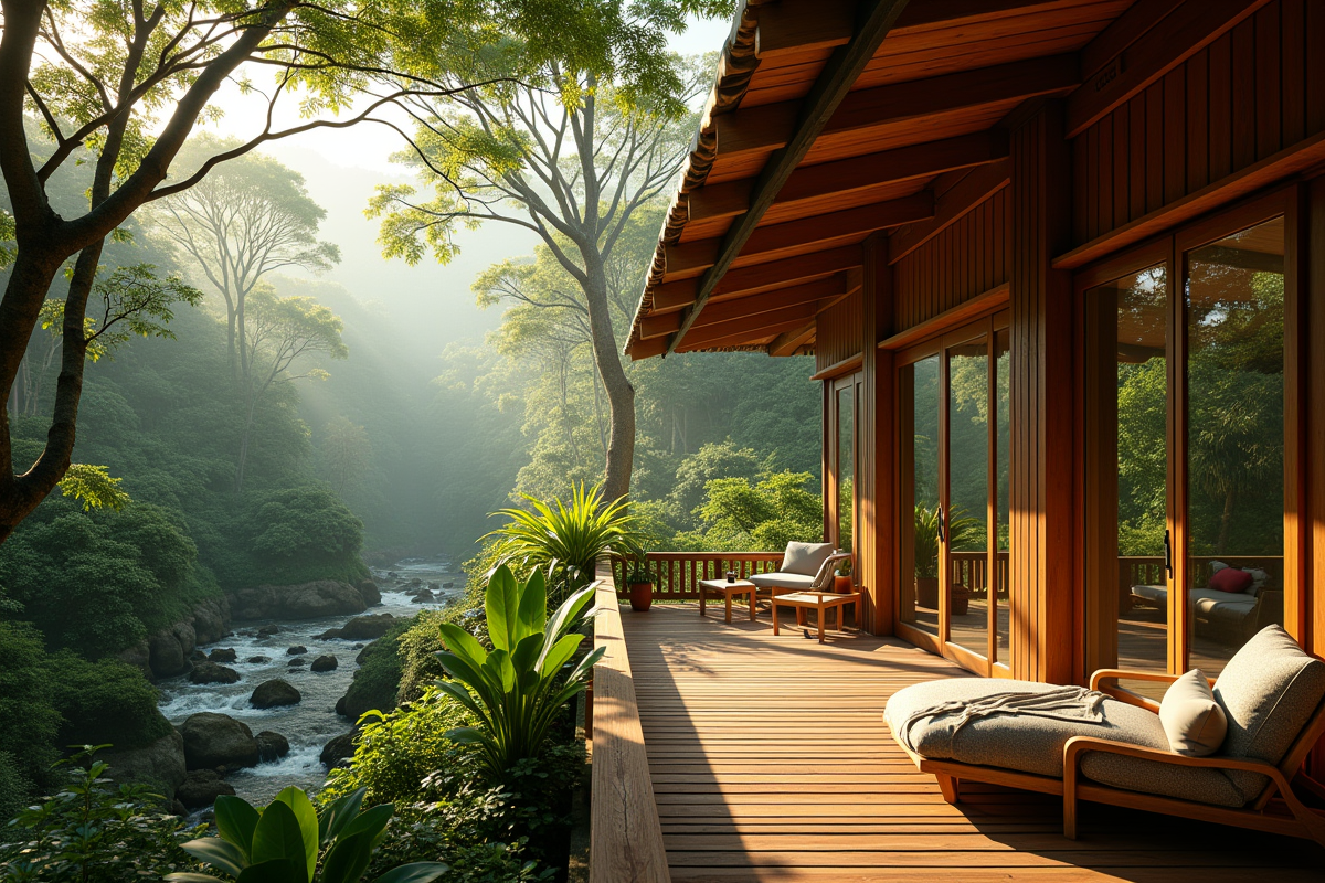 Ecolodge luxueux dans la forêt tropicale avec grandes fenêtres