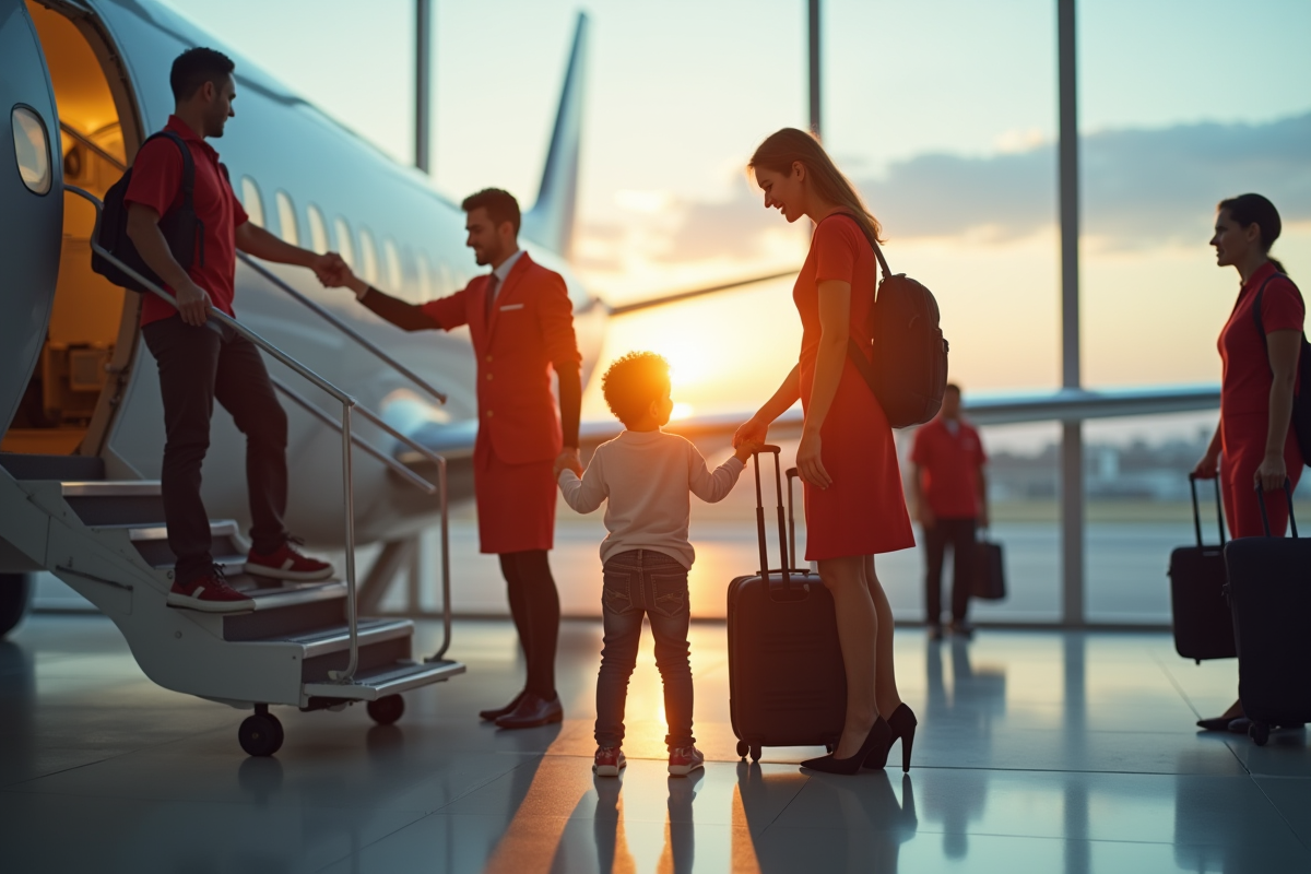 Famille embarquant dans un avion avec personnel a l