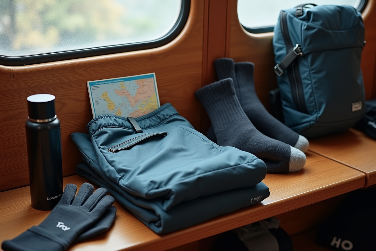 Essentiels de voyage sur une table en bois avec carte et vêtements