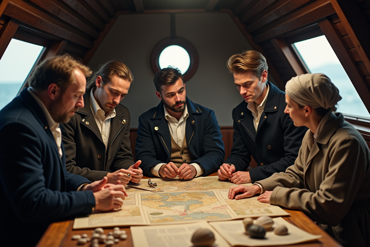 Équipe de marins et naturalistes dans la cabine du navire
