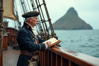 Explorateur en uniforme naval du 18e siècle sur un navire en mer