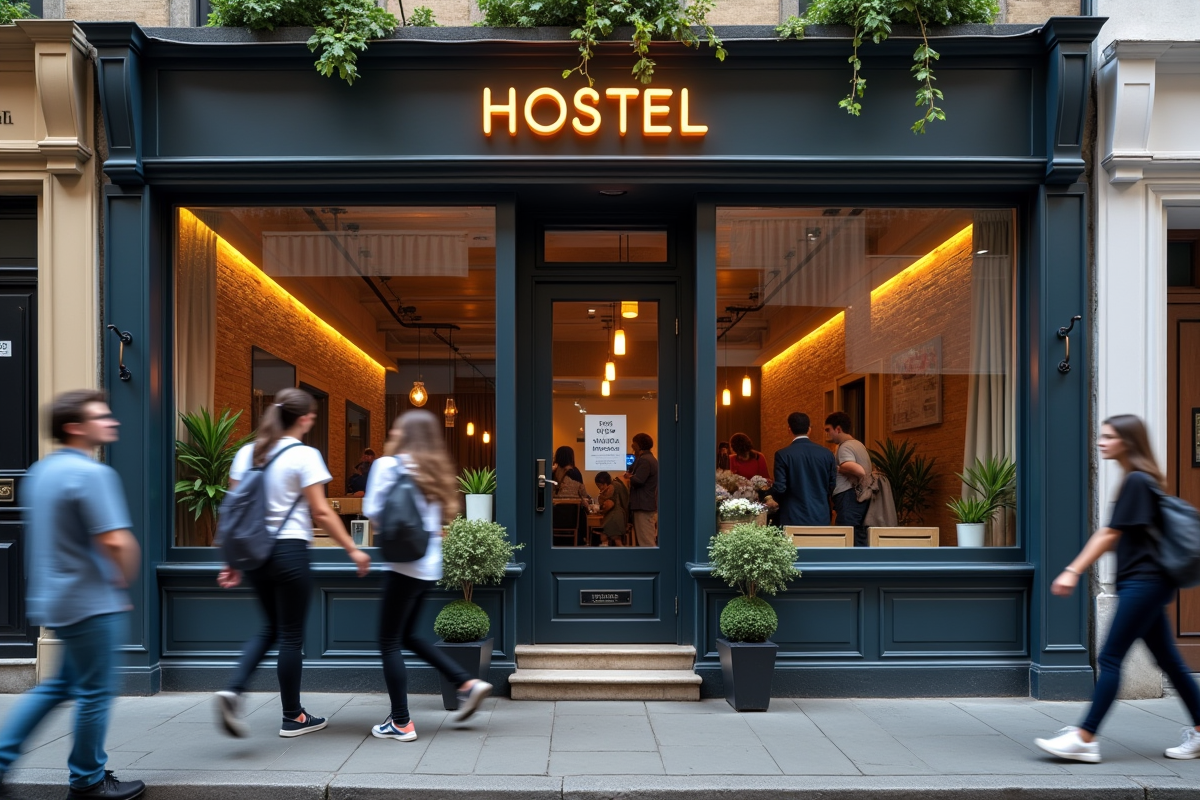 Extérieur d une auberge moderne dans une rue animée avec voyageurs et panneau sur la porte