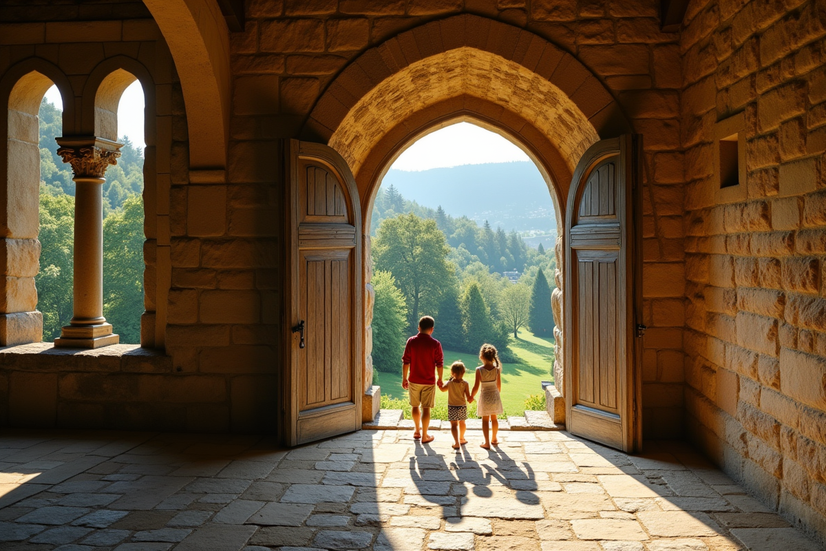 Famille explorant un ancien château européen ensoleille