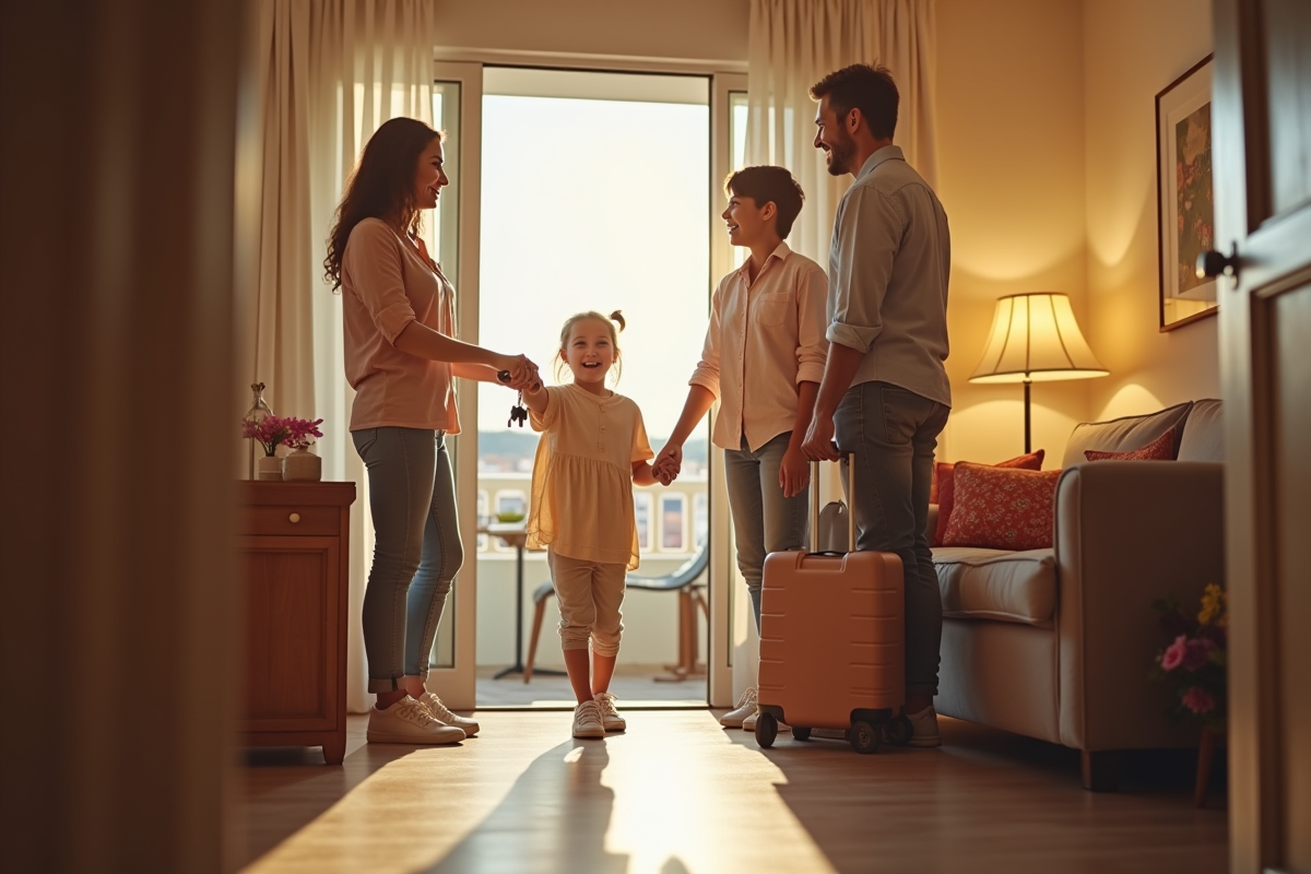 Famille souriante recevant les clés dans un appartement lumineux