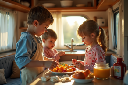 Famille cuisine dans une caravane lumineuse et chaleureuse