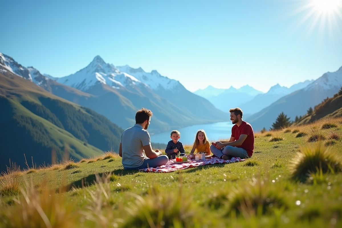 Famille heureuse faisant un pique-nique en montagne en Nouvelle Zélande