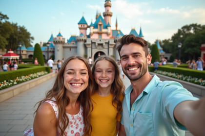 Famille souriante prenant un selfie devant un château de parc d'attractions