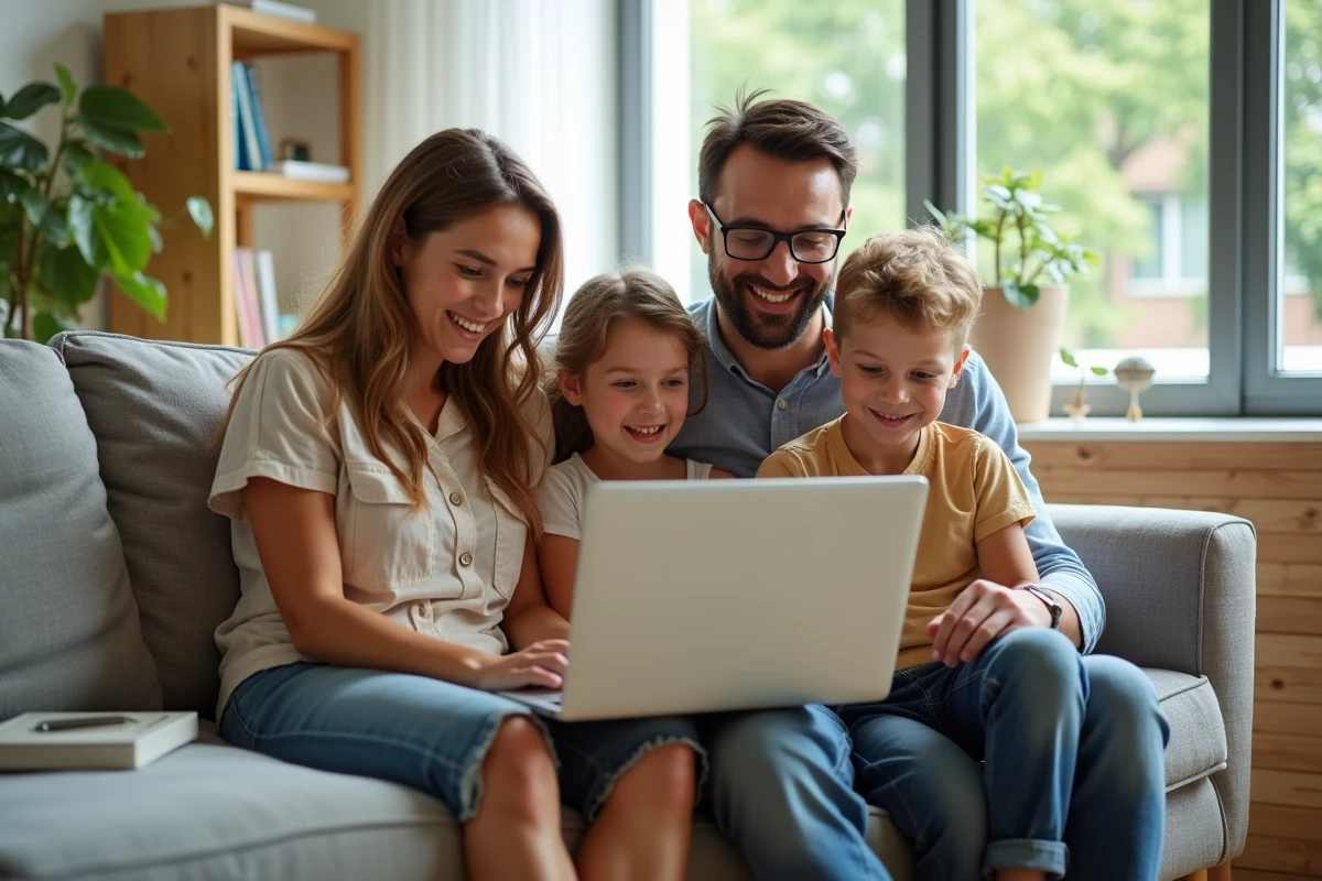 Famille souriante autour d'un ordinateur pour choisir location vacances