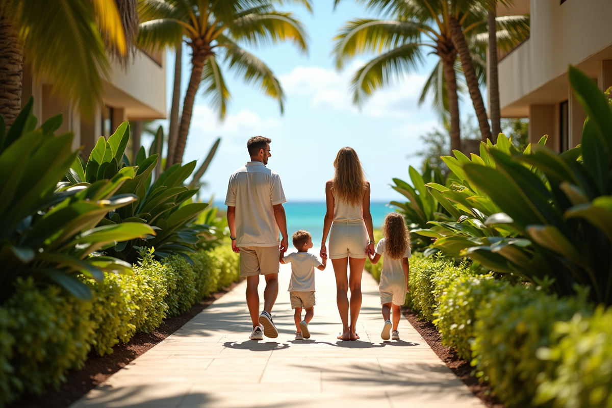 Famille en vacances dans un jardin en bord de mer ensoleille
