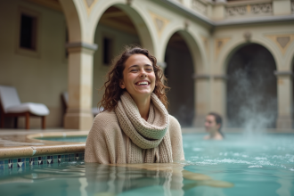Jeune femme souriante dans un bain thermal à Budapest