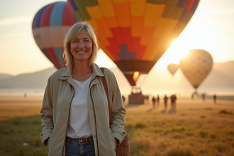 Femme souriante se préparant à un ballon au lever du jour