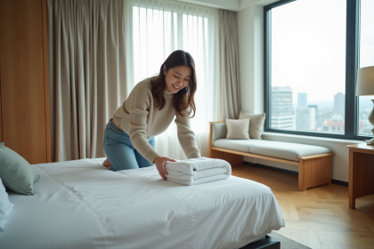 Jeune femme posant des serviettes dans une chambre d'hôtel moderne