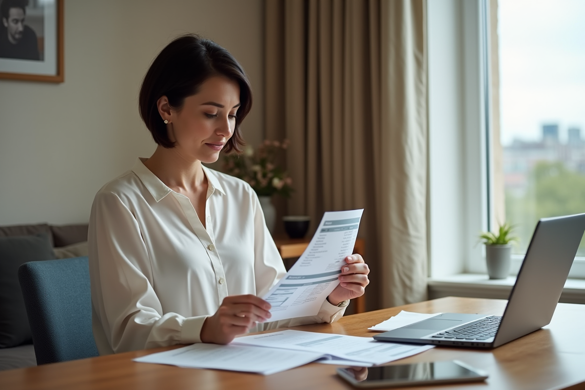 Femme d'affaires vérifiant une facture à son bureau