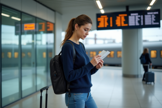 Femme lisant un billet de train dans une gare moderne