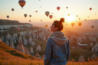 Jeune femme regardant les ballons à Göreme au lever du soleil