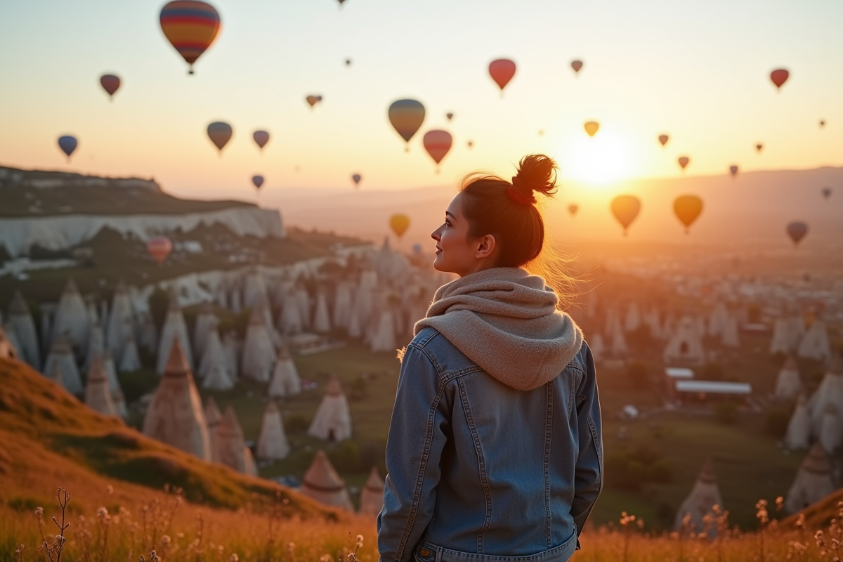 Jeune femme regardant les ballons à Göreme au lever du soleil