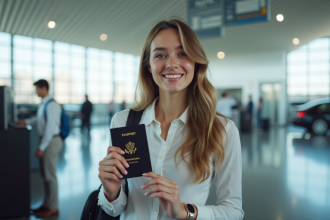 Jeune femme souriante au comptoir de location de voiture à l'aéroport
