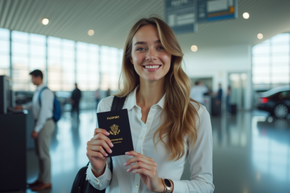 Jeune femme souriante au comptoir de location de voiture à l'aéroport