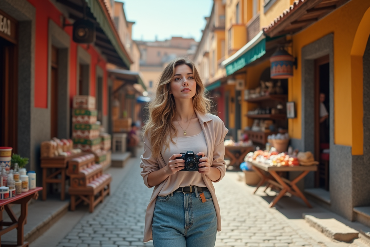 Jeune femme dans un marché coloré et animé en plein air